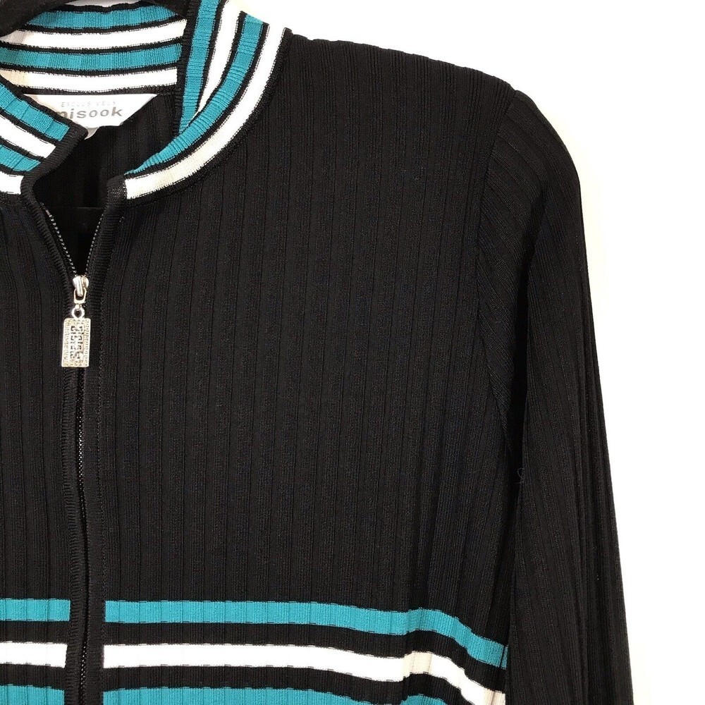 Exclusively Misook Black Striped Knit Zip Up Long Sleeve Women's Medium Sweater - Picture 3 of 8